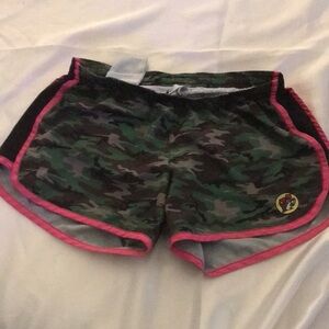 Green and Pink Athletic Shorts with Camo Design